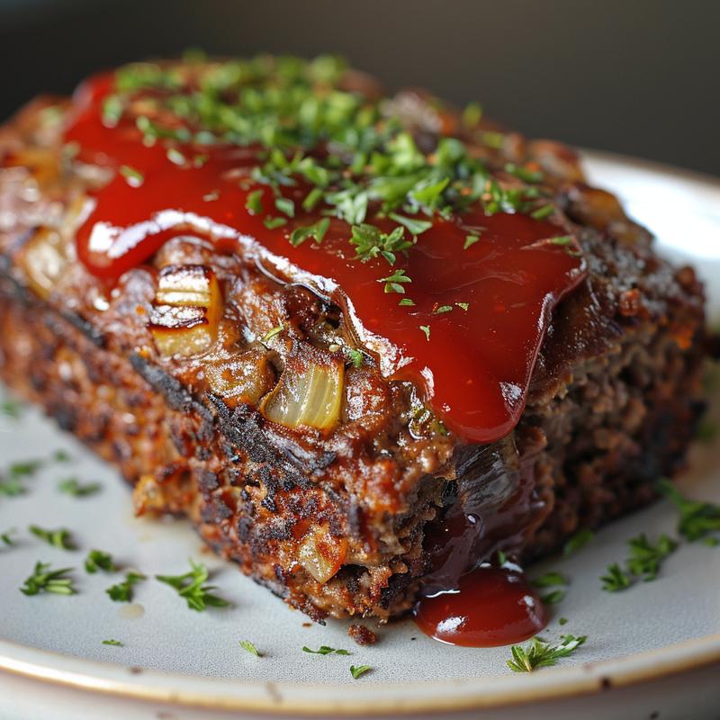 Close-up of sliced meatloaf on a gray plate.