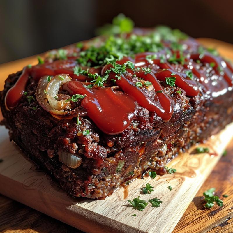 Close-up of meatloaf with visible ground beef texture and ketchup glaze.