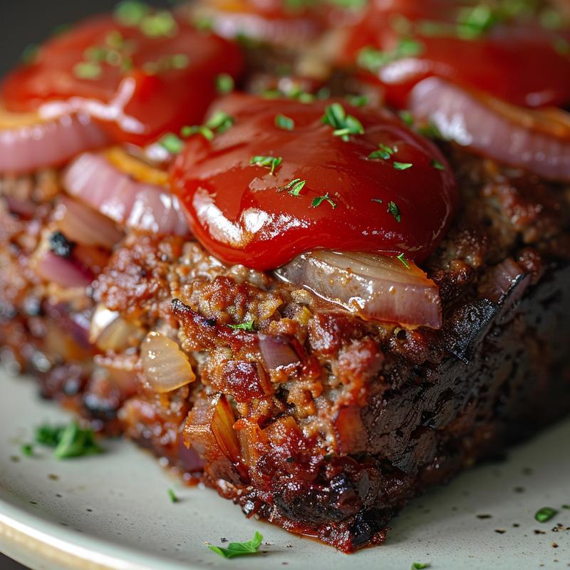 Close-up of a slice of meatloaf on a grey plate.