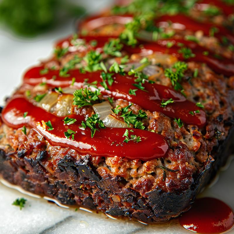Close-up of classic meatloaf with visible ingredients and ketchup glaze.