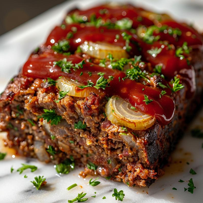 Close-up of a slice of meatloaf with visible ingredients and ketchup glaze on white marble.