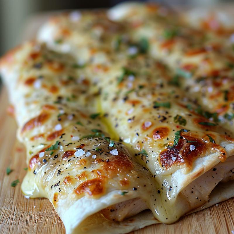 Close-up of cheesy garlic chicken wraps on a wood board.