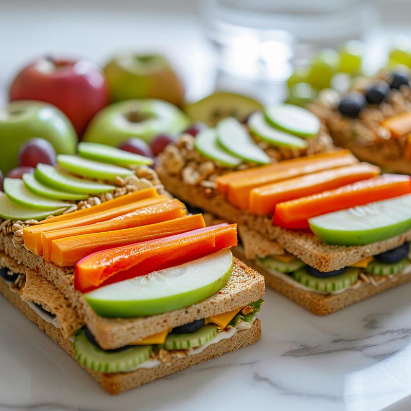 Close-up of a packed school lunch including a sandwich wrap, fruit, vegetables, snack, and drink on a white marble surface.