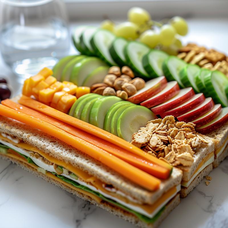 Close-up of packed school lunch with sandwich, fruit, veggies, snack, and drink on white marble.