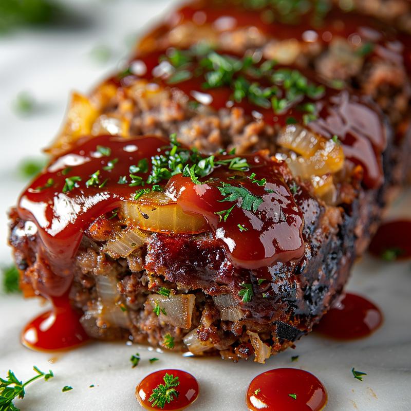 Close-up of meatloaf with visible ingredients and ketchup glaze.