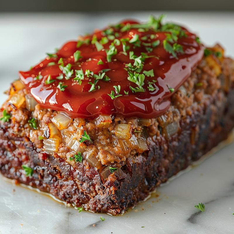 Close-up of a slice of meatloaf on white marble.