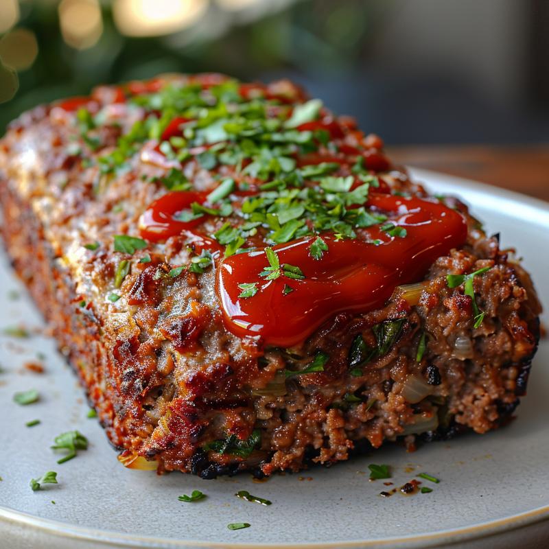 Close-up of meatloaf slice with visible ingredients, on grey plate.