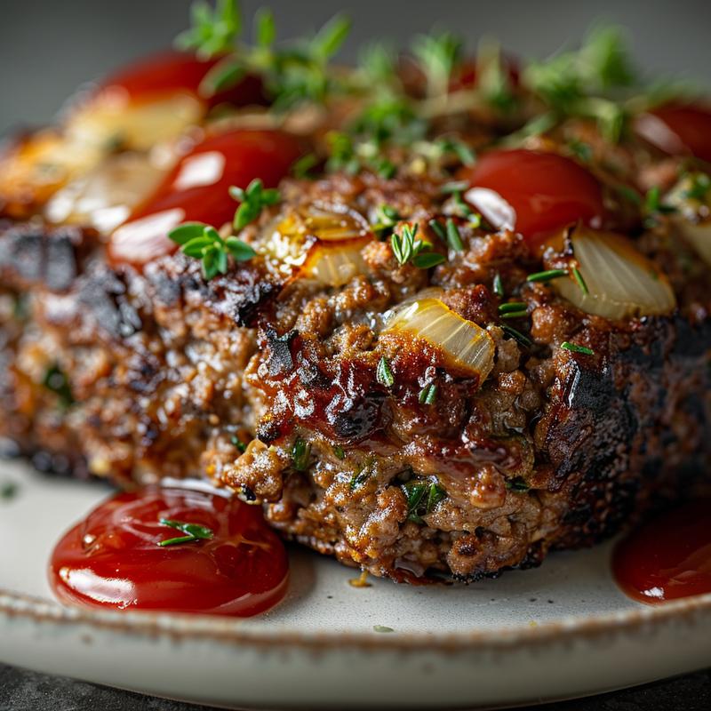Close-up of a slice of meatloaf on a grey plate.