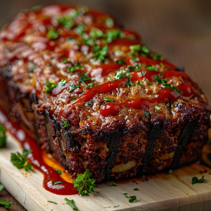 Close-up of sliced meatloaf with visible ingredients on a wood board.