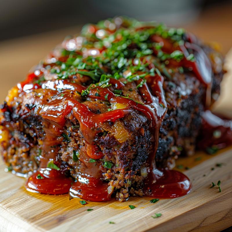 Close-up of meatloaf with visible ingredients and ketchup glaze.