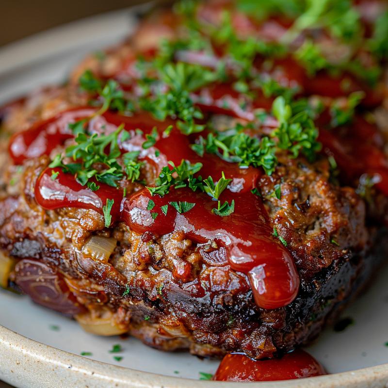 Close-up of meatloaf with visible ground beef, herbs, and ketchup glaze on a light grey plate.