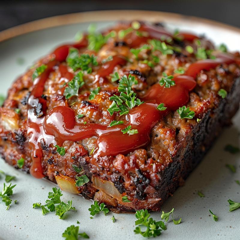 Close-up of a slice of meatloaf on a gray plate.