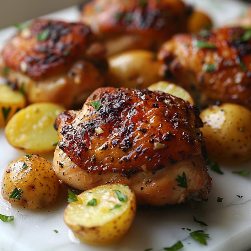 Close-up of garlic butter chicken and potatoes on a white surface.