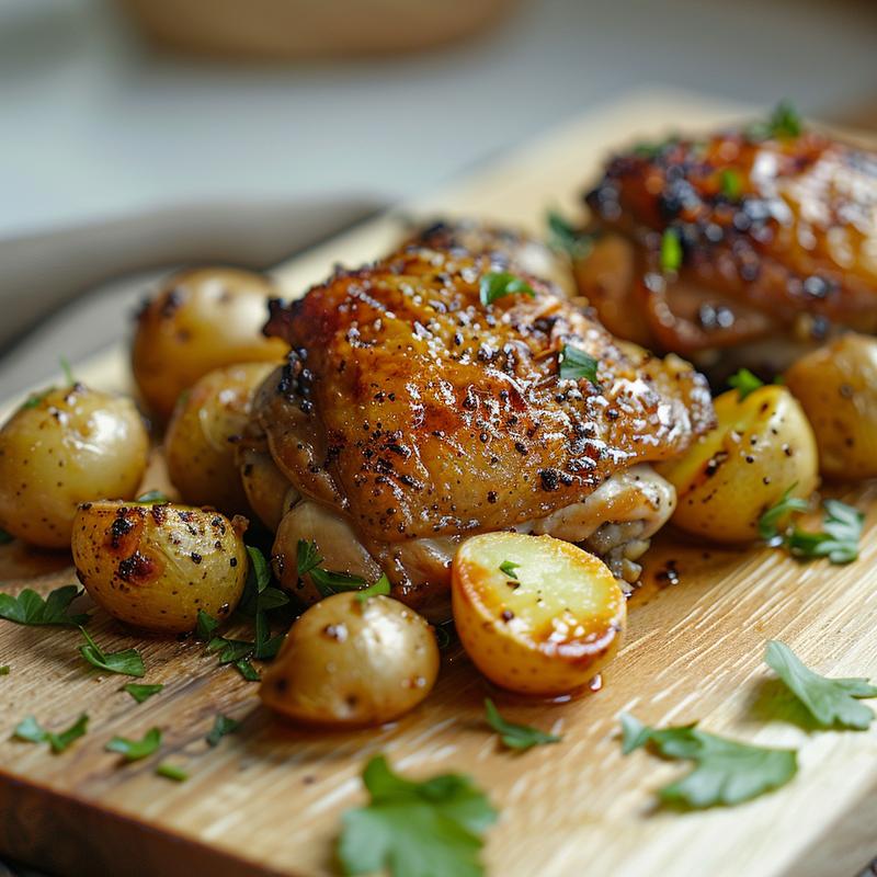 Close-up of garlic butter chicken and potatoes on a light wood board.