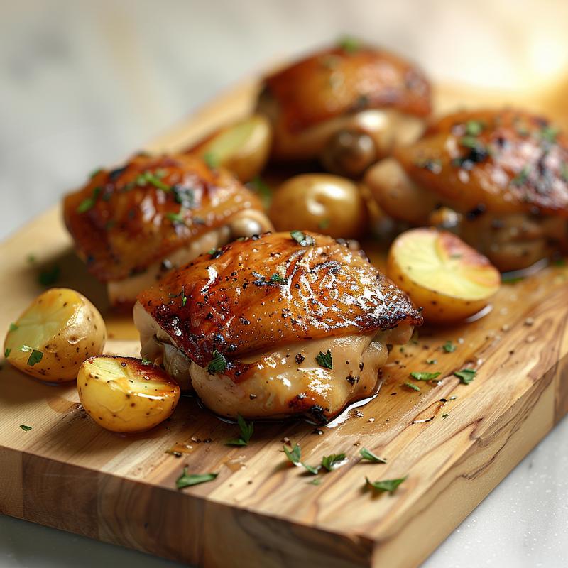 Close-up of garlic butter chicken and potatoes on a light wood board.