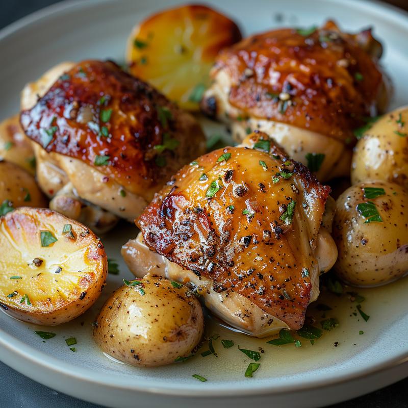 Close-up of garlic butter chicken and potatoes on a light grey plate.