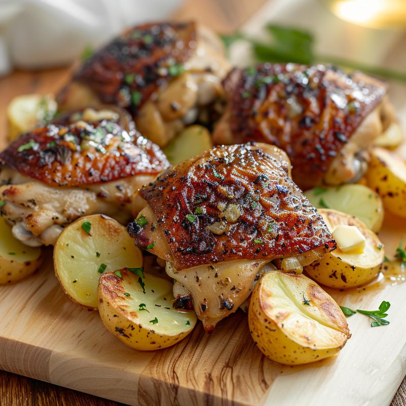 Close-up of garlic butter chicken and potatoes on a wooden board.