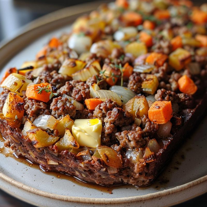 Close-up of a slice of veggie meatloaf on a grey plate.