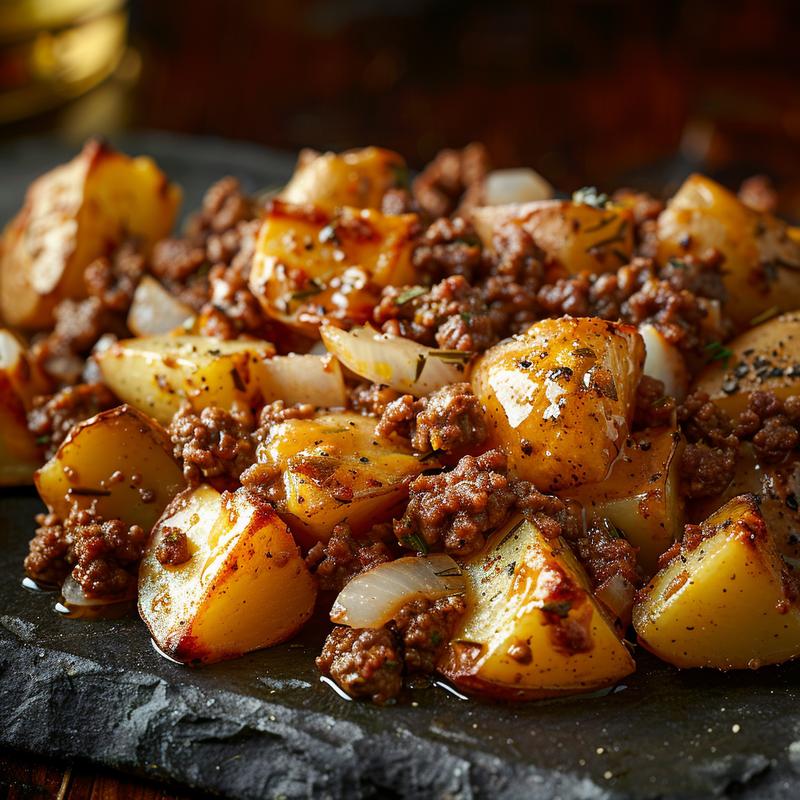 Close-up of cheesy ground beef and potatoes on a dark surface.