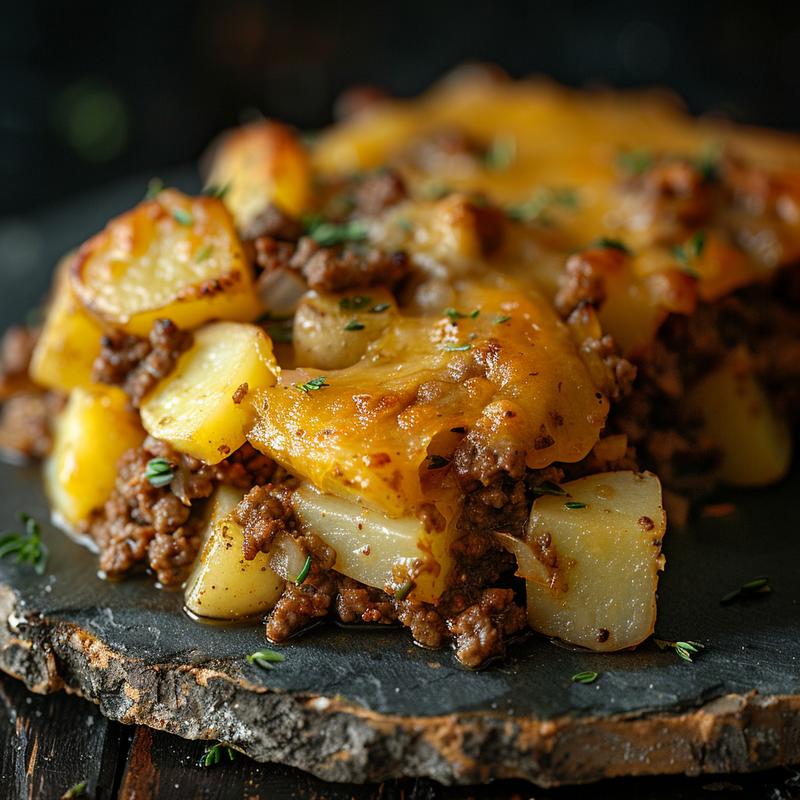 Close-up of cheesy ground beef and potatoes on a slate plate.
