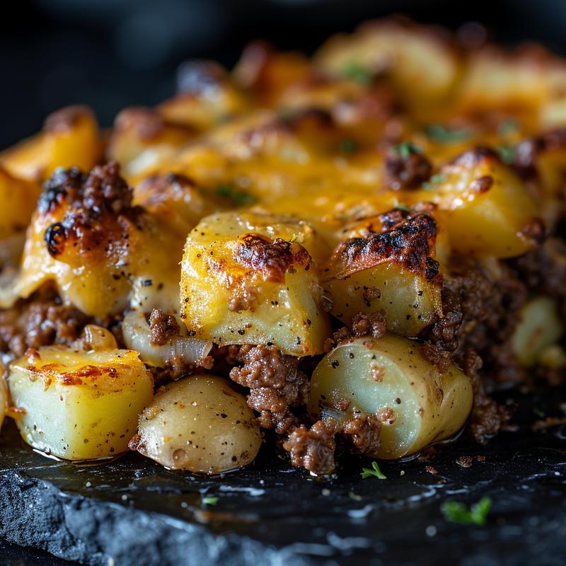 Close-up of cheesy ground beef and potatoes on a dark stone surface.