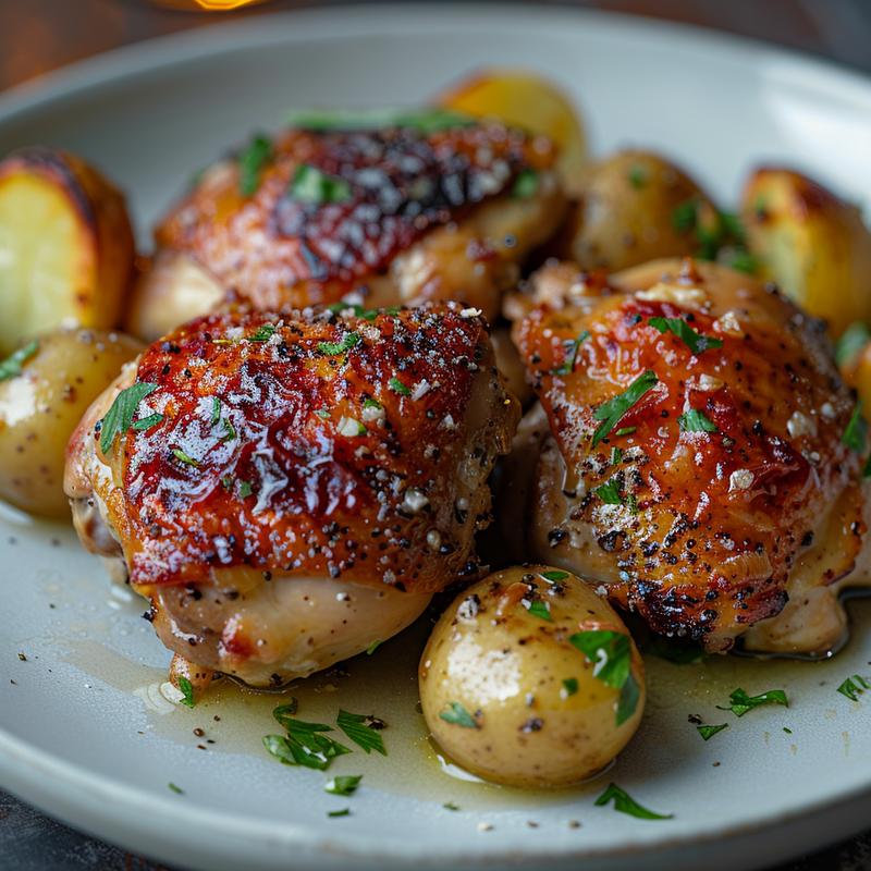 Close-up of garlic butter chicken and potatoes on a gray plate.