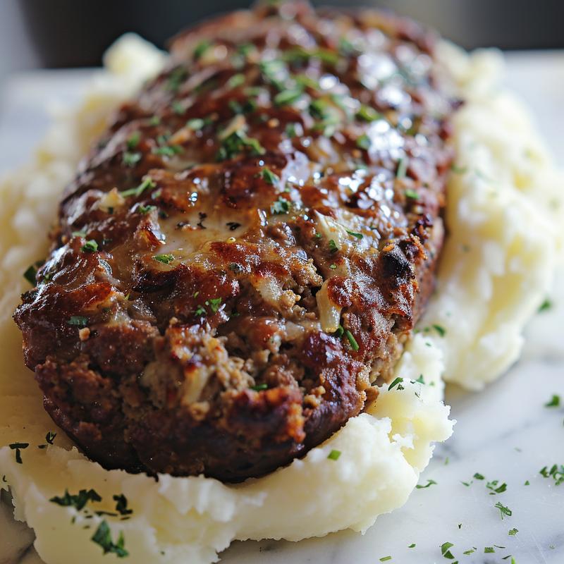 Close-up of meatloaf and mashed potatoes on white marble.
