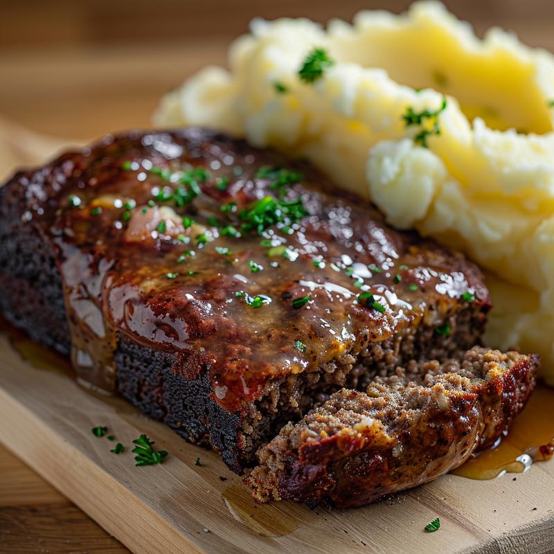Close-up of meatloaf slice with mashed potatoes on wood board.