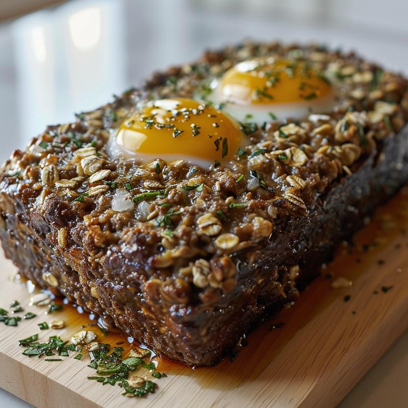 Close-up of meatloaf with visible oats and herb filling on a wooden board.