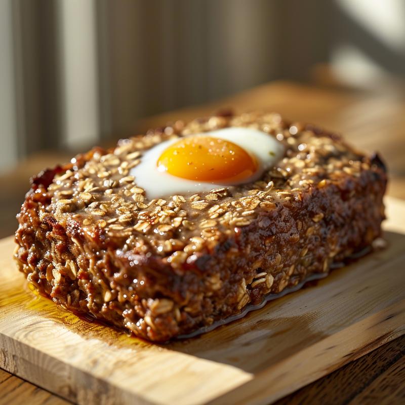 Close-up of meatloaf with visible herb filling on a wooden board.