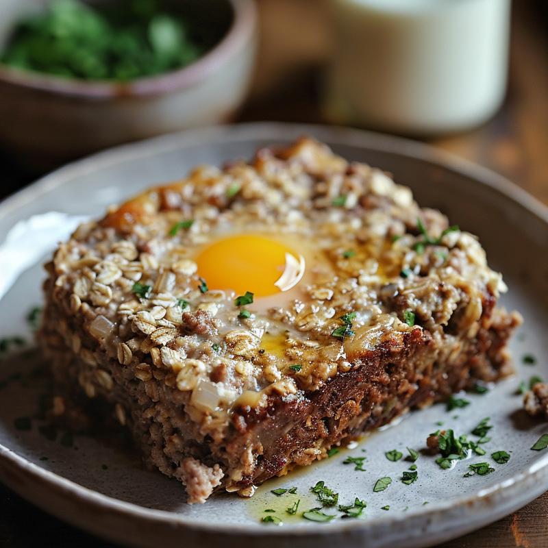 Close-up of meatloaf slice on a light grey plate.
