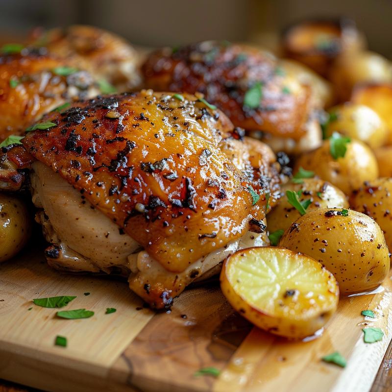 Close-up of golden garlic butter chicken and potatoes on a light wood surface.