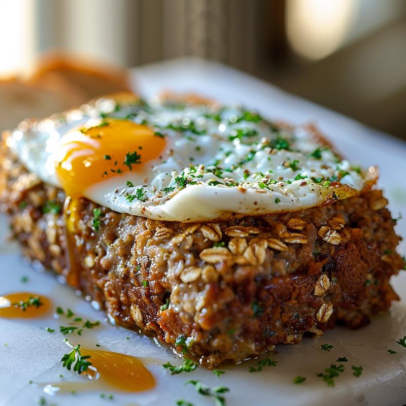 Close-up of meatloaf slice showing ground beef, oats, and herb filling.