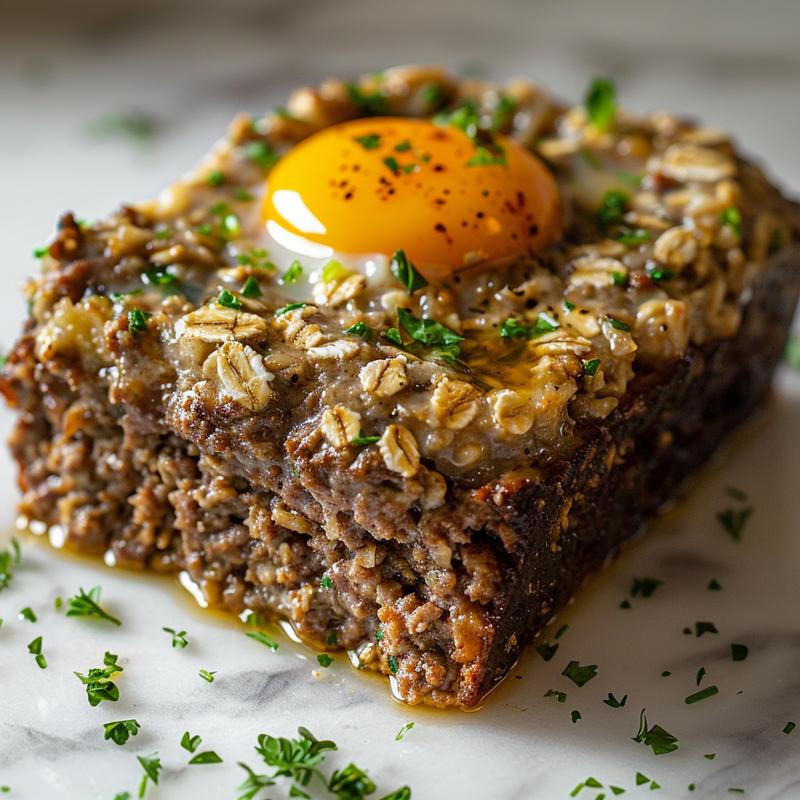 Close up of meatloaf slice showing oatmeal and herb filling.