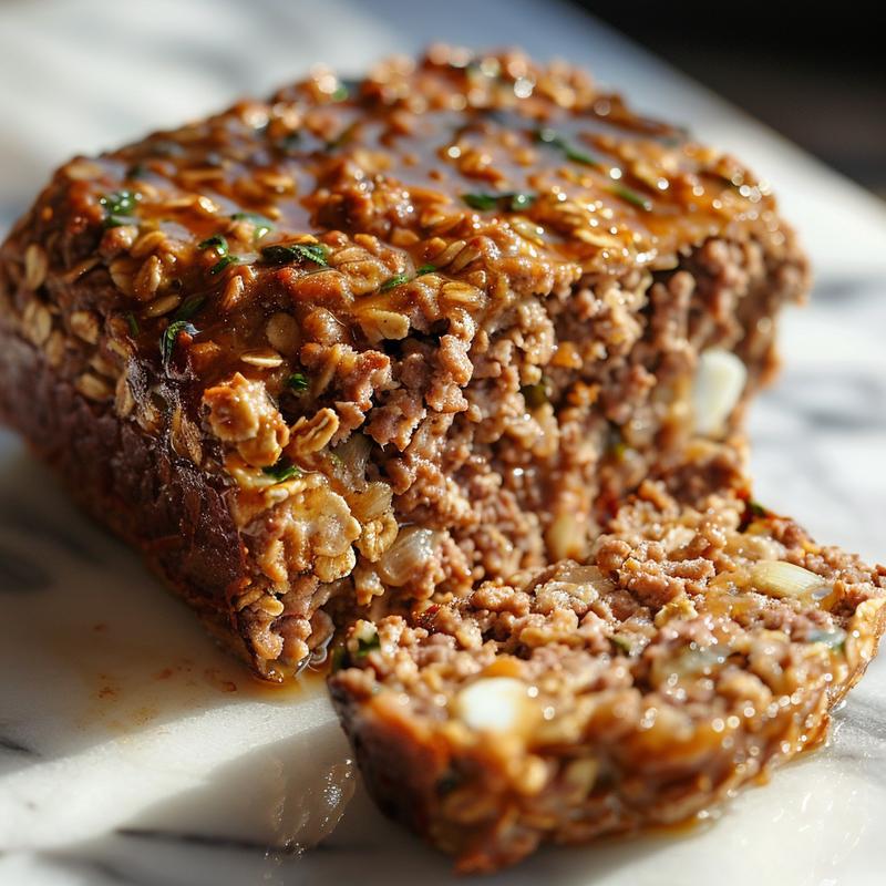 Close-up of a meatloaf slice showing visible herbs and oatmeal texture.