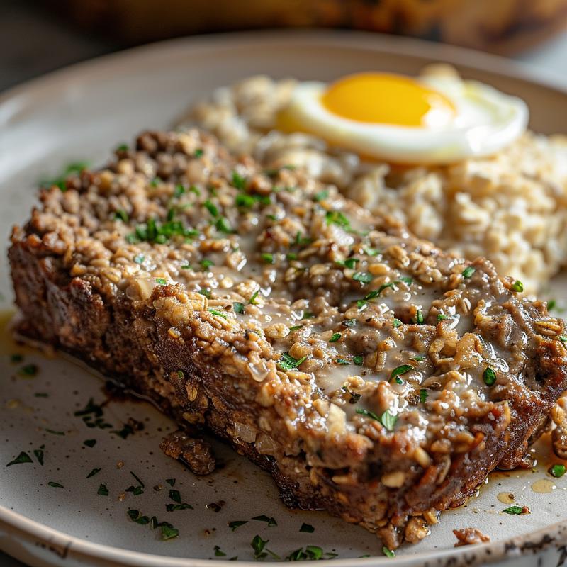 Close-up of a slice of meatloaf with visible oatmeal and herbs on a grey plate.