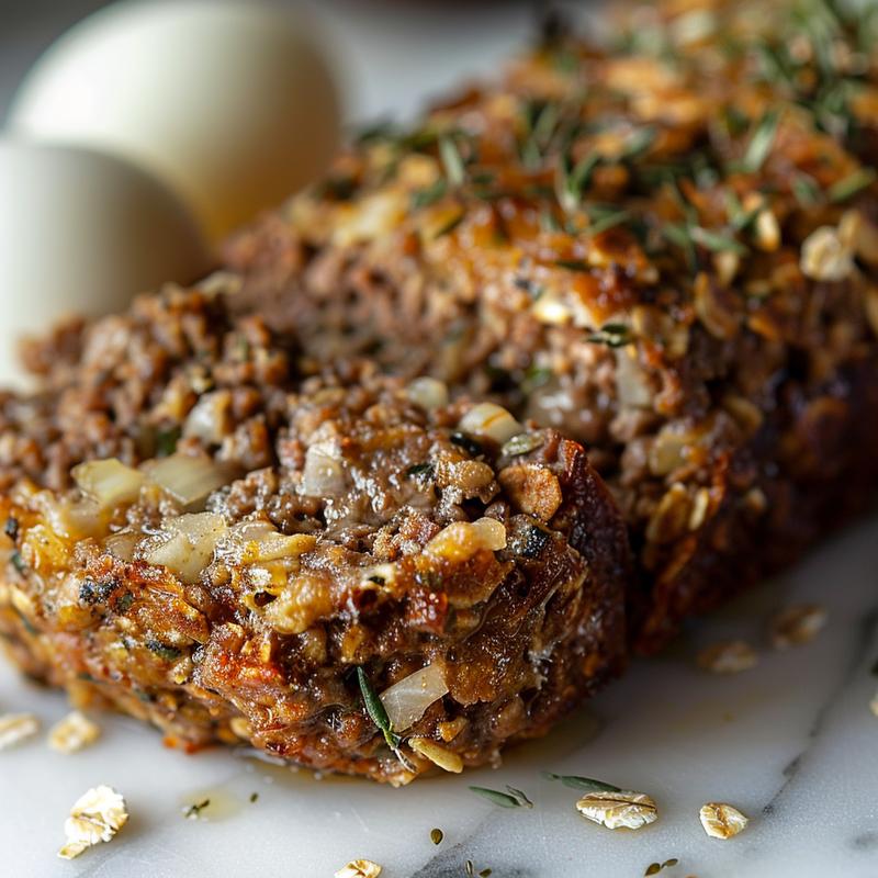 Close-up of a meatloaf slice with visible oatmeal and herbs on a white marble surface.