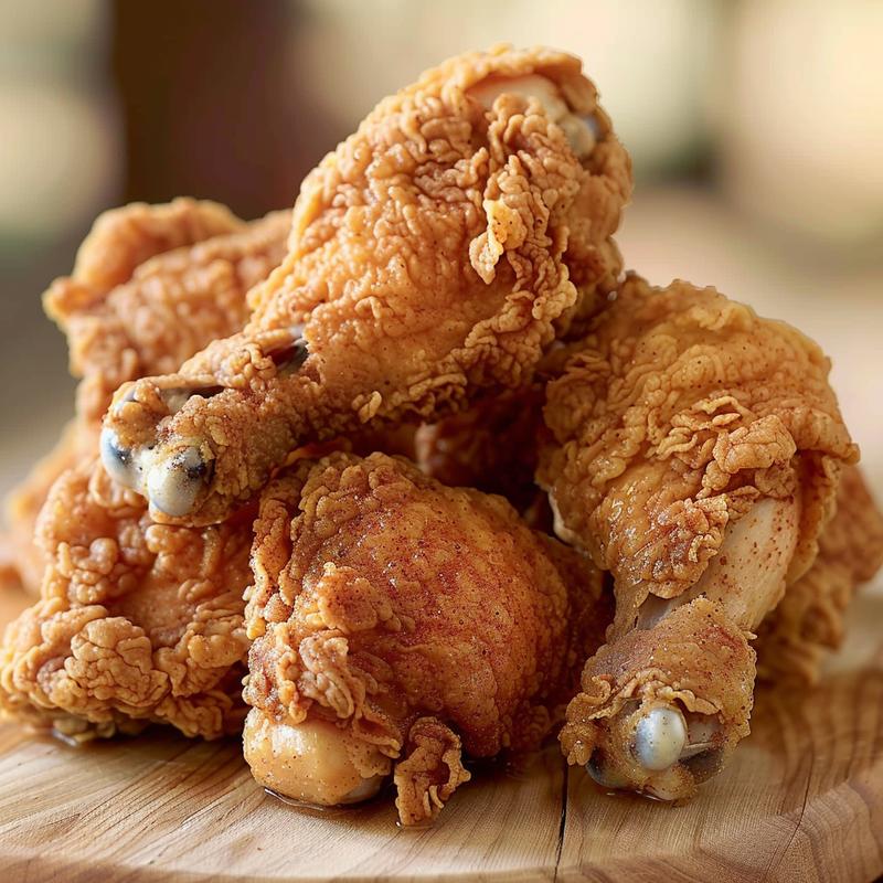 Close-up of golden-brown fried chicken on wood.