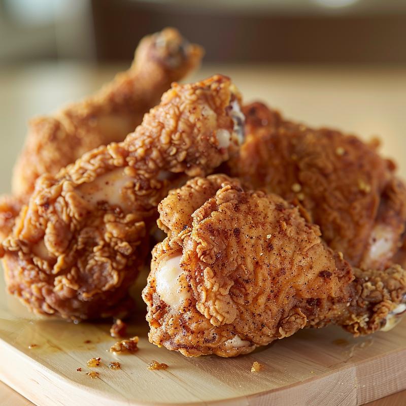 Close-up of golden-brown fried chicken on a light wood board.