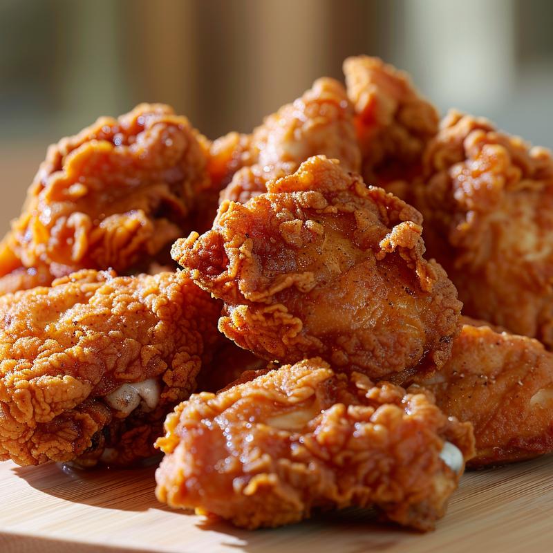 Close-up of golden-brown fried chicken on a wooden board.