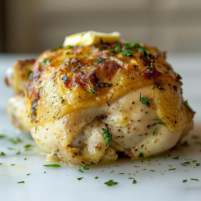 Close-up of a golden-brown whole chicken on white marble.