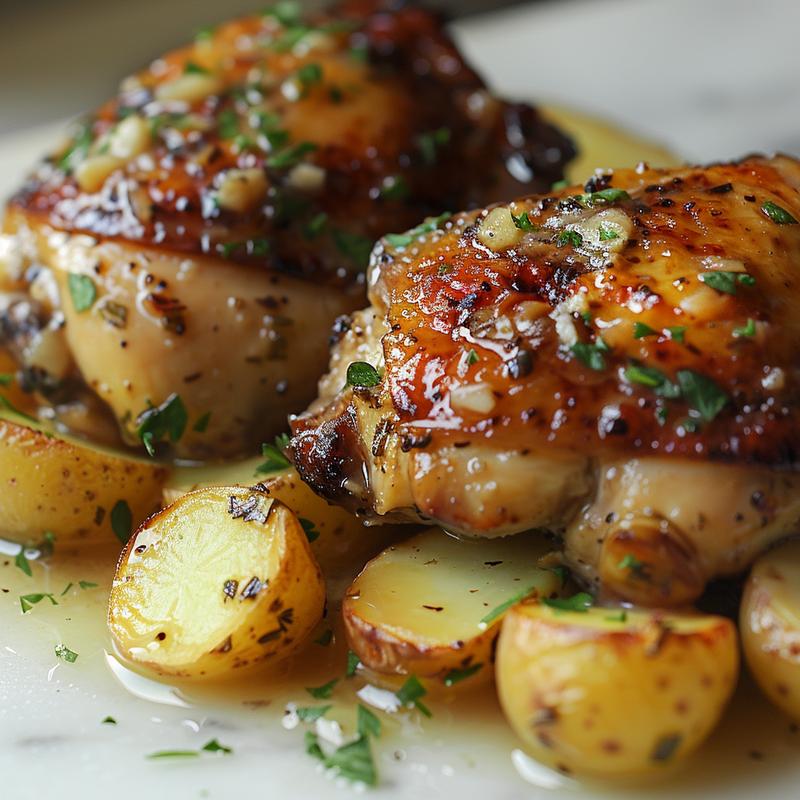 Close-up of garlic butter chicken and potatoes on marble.
