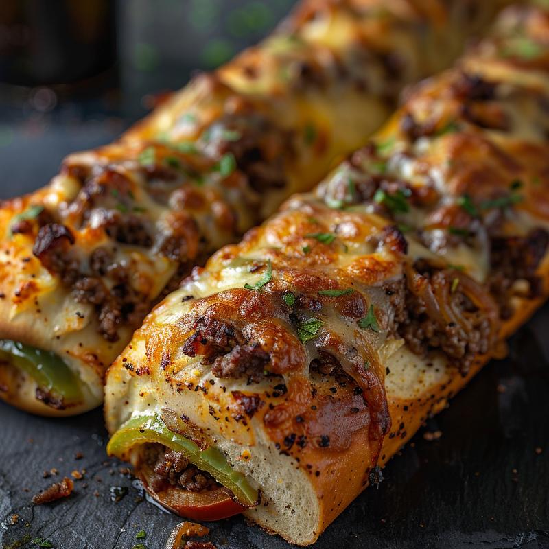Close-up of keto Philly cheesesteak rolls showing beef, cheese, and vegetables.