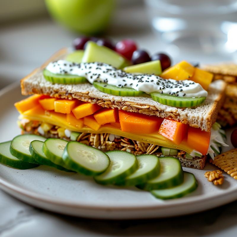 Close-up of a packed school lunch featuring a sandwich wrap, fruit, vegetables, a snack, and a drink on a light grey plate.