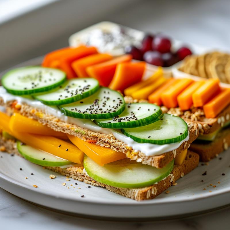 Close-up of a packed school lunch with a sandwich wrap, fruit, vegetables, snack, and drink on a light grey plate.