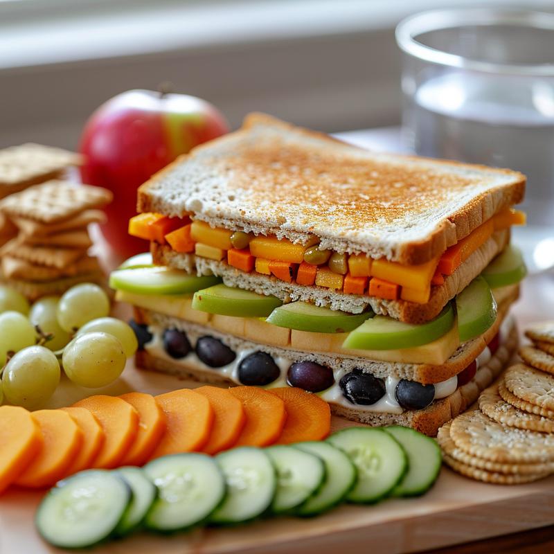Close-up of a packed school lunch with sandwich wrap, fruit, veggies, snack, and drink.