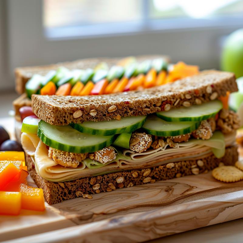 School lunch ingredients: wrap, fruits, veggies, snacks, drink.