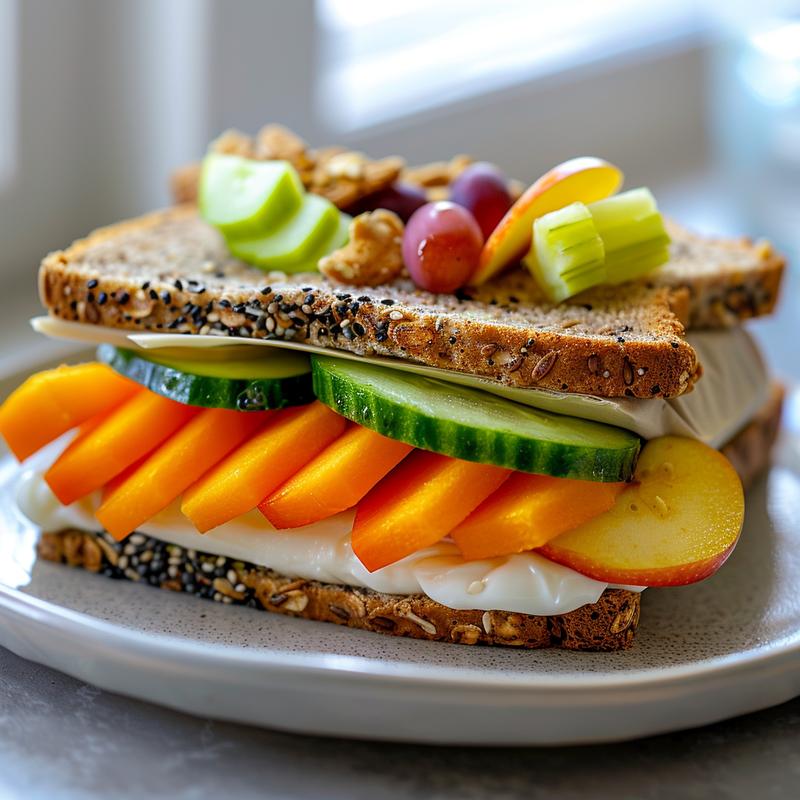 Close-up of a packed school lunch with sandwich wrap, fruit, veggies, snack, and drink on a light gray plate.