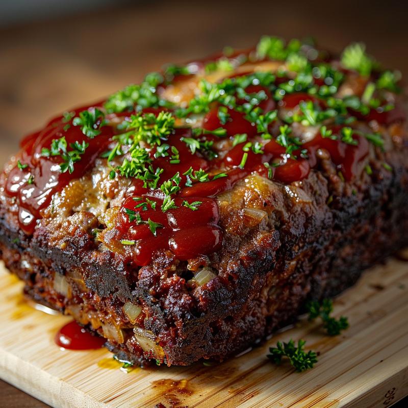 Close-up of meatloaf slice on a light wood board, lit with natural light.