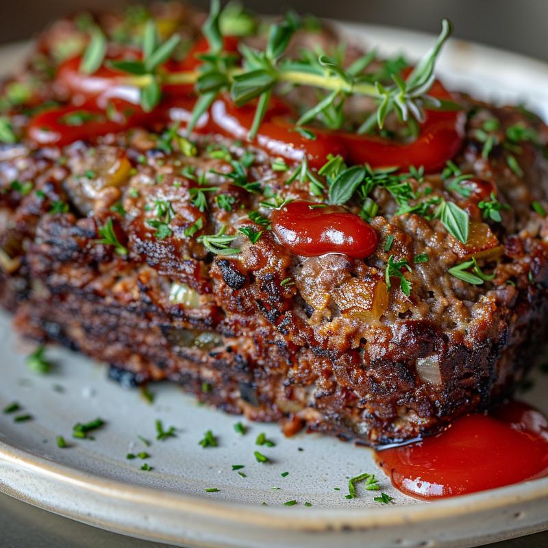 Close-up of sliced meatloaf on a gray plate.
